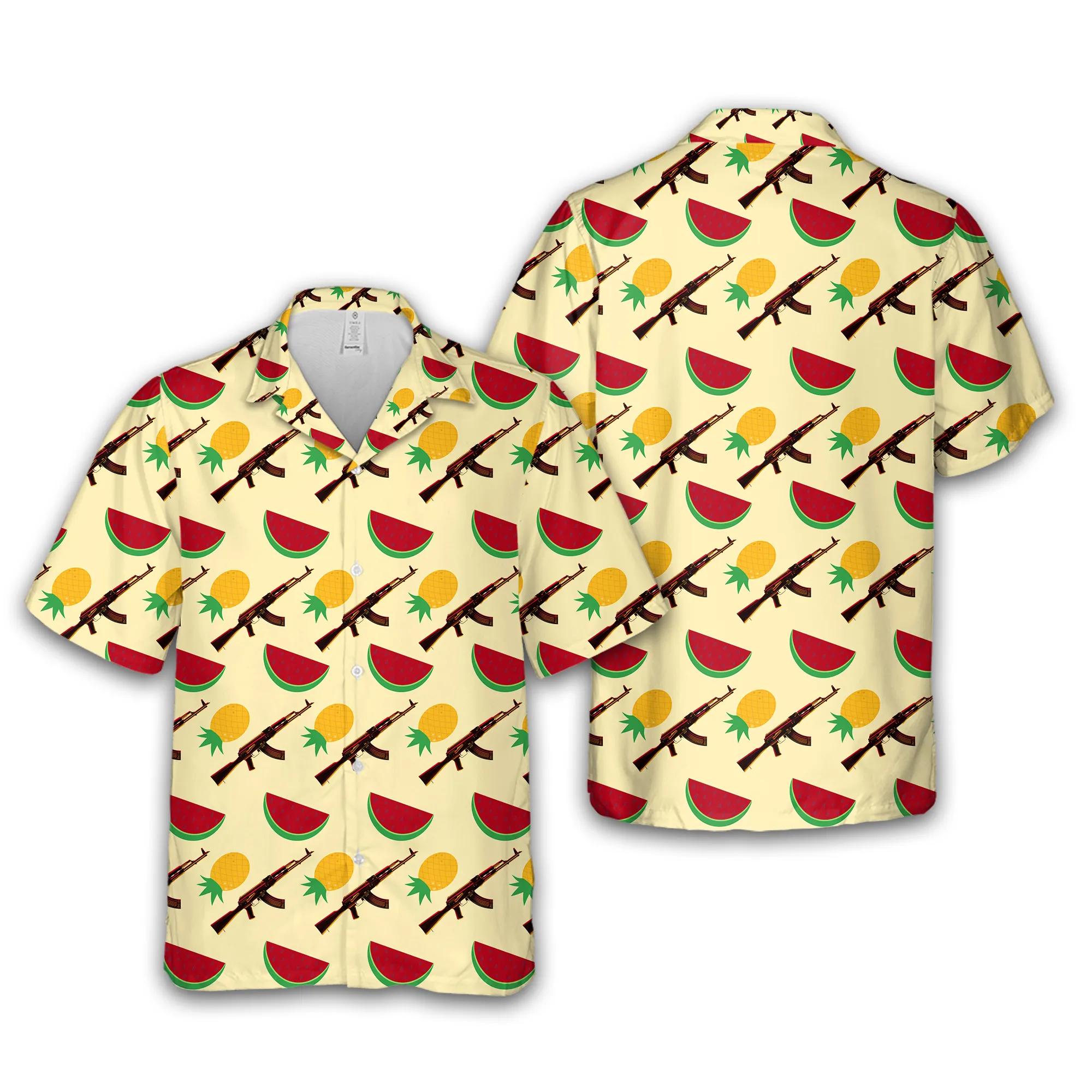 Mens Hawaiian Shirt With AK47 Gun And Fruit Pattern Fun And Tropical Design 1