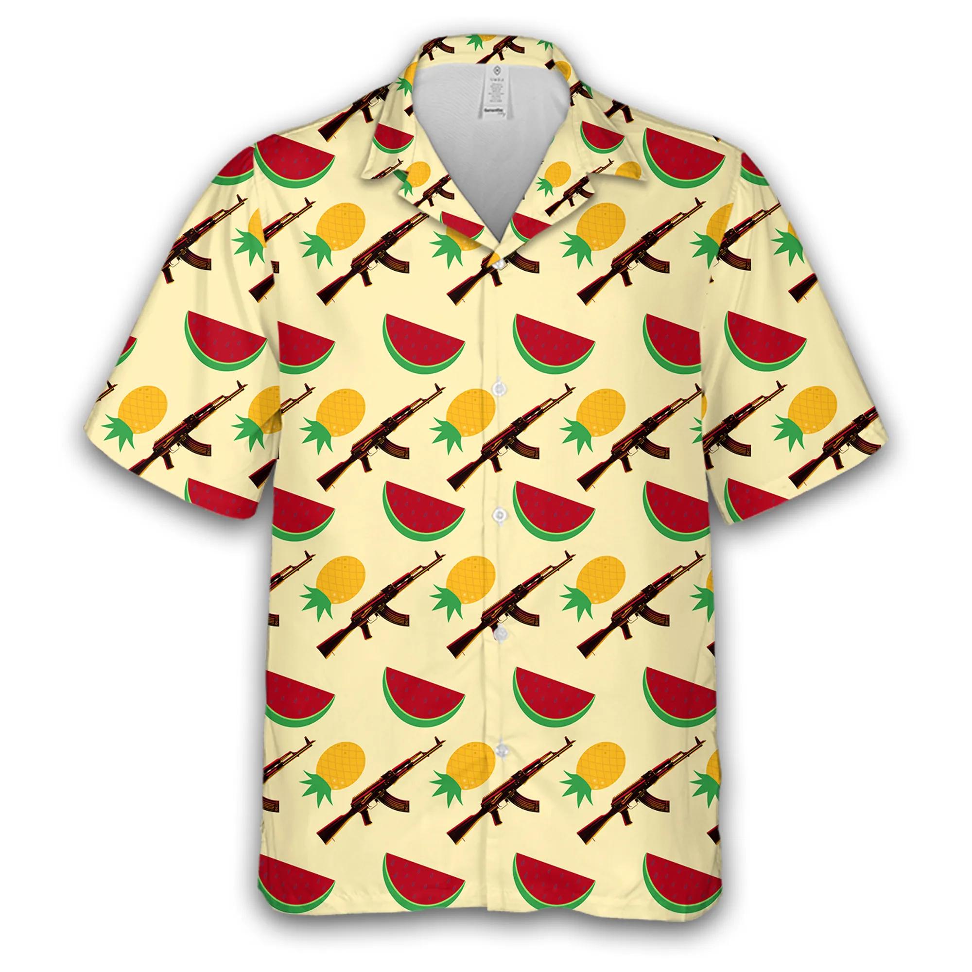 Mens Hawaiian Shirt With AK47 Gun And Fruit Pattern Fun And Tropical Design 2