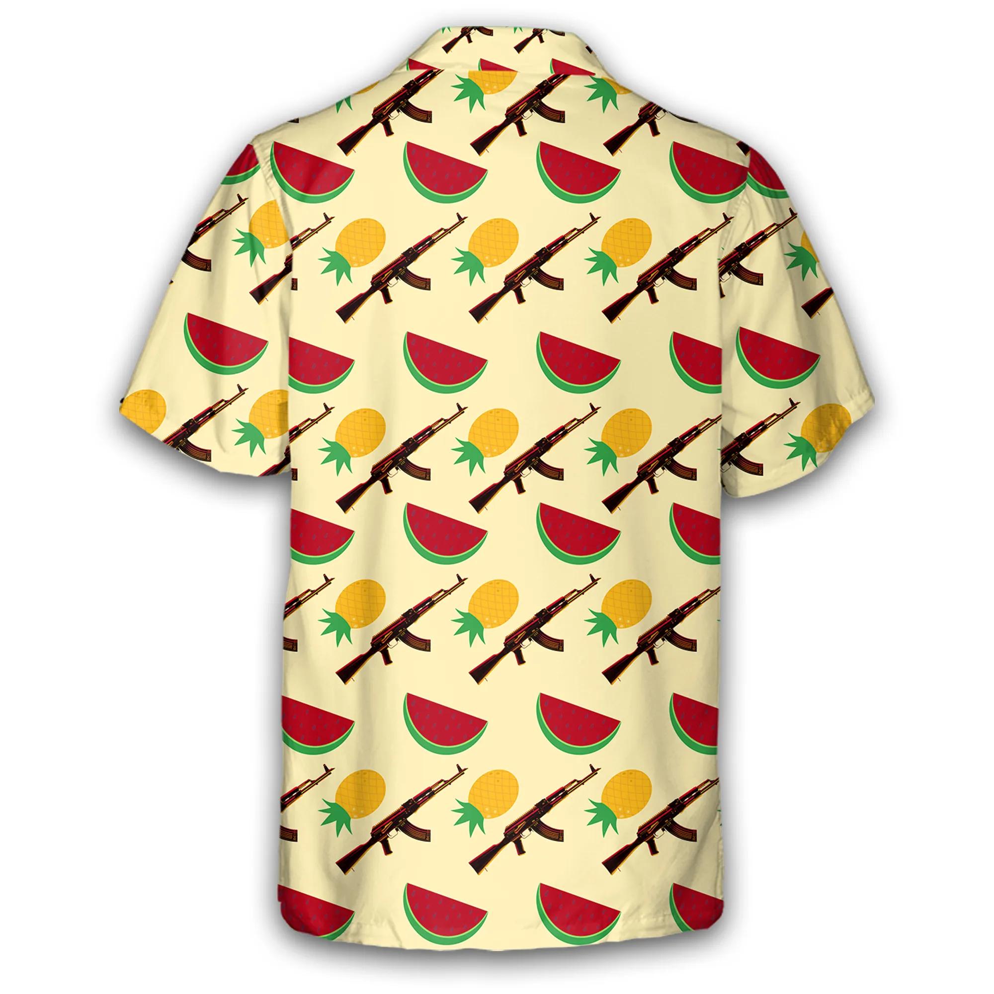 Mens Hawaiian Shirt With AK47 Gun And Fruit Pattern Fun And Tropical Design 3