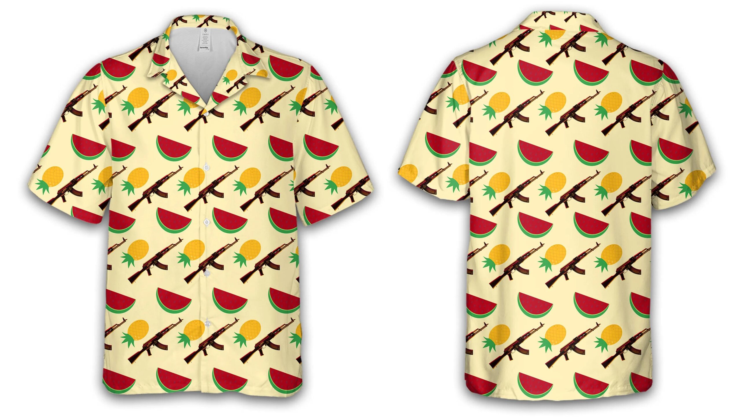 Mens Hawaiian Shirt With AK47 Gun And Fruit Pattern Fun And Tropical Design 4