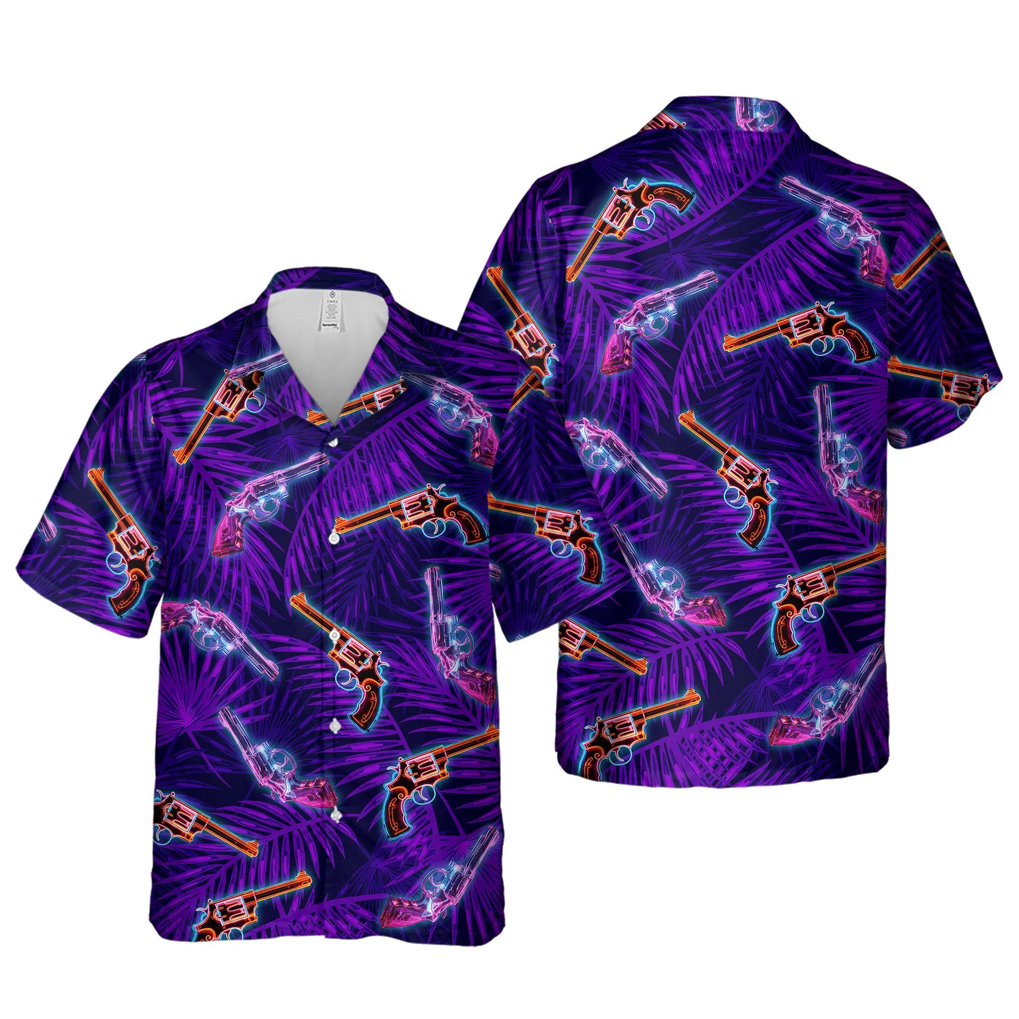 Mens Hawaiian Shirt With Neon Revolver And Palm Leaf Pattern 1