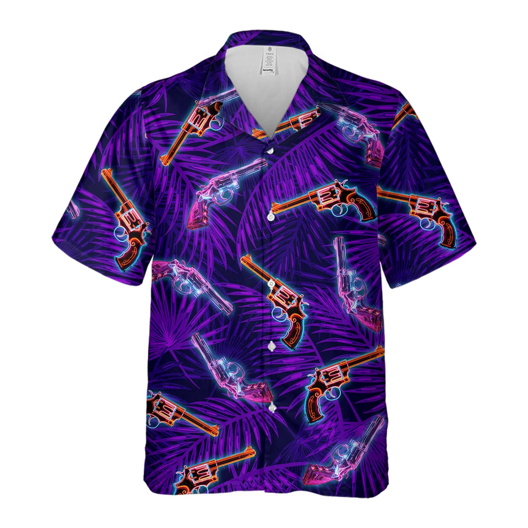 Mens Hawaiian Shirt With Neon Revolver And Palm Leaf Pattern 2